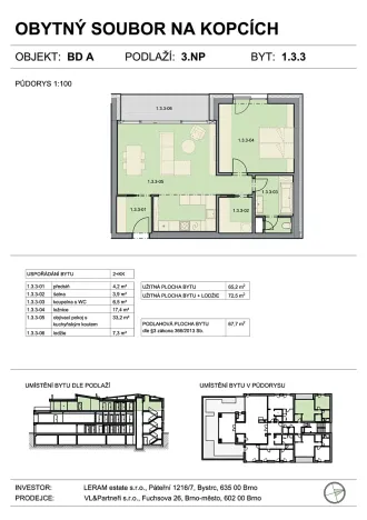 Prodej bytu 2+kk, Brno, Na kopcích, 68 m2