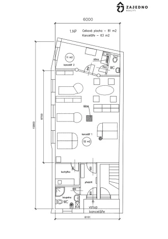 Pronájem kanceláře, Brno, Hasičská, 81 m2