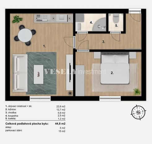 Prodej bytu 2+kk, Benešov, Rubešova, 45 m2