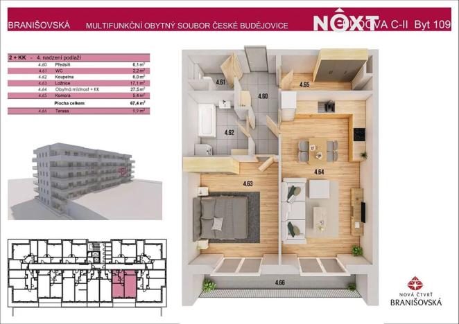 Prodej bytu 2+kk, České Budějovice, Branišovská, 67 m2