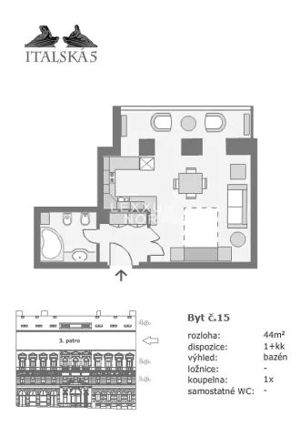 Pronájem bytu 1+kk, Praha - Vinohrady, Italská, 44 m2