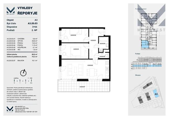 Prodej bytu 3+kk, Praha - Řeporyje, Jáchymovská, 74 m2