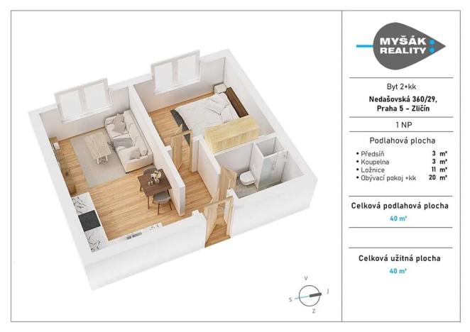 Pronájem bytu 2+kk, Praha - Zličín, Nedašovská, 40 m2