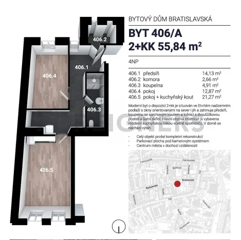 Pronájem bytu 2+kk, Brno, Bratislavská, 56 m2