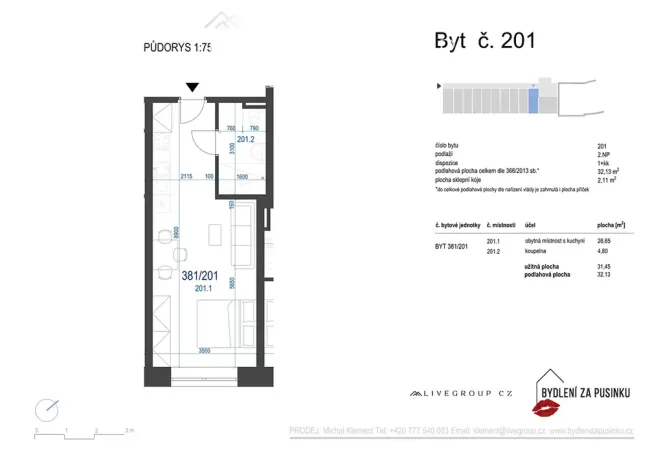 Pronájem bytu 1+kk, Zbýšov, čtvrť Padělky, 32 m2