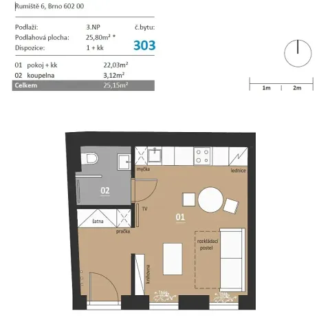 Pronájem bytu 1+kk, Brno, Rumiště, 25 m2