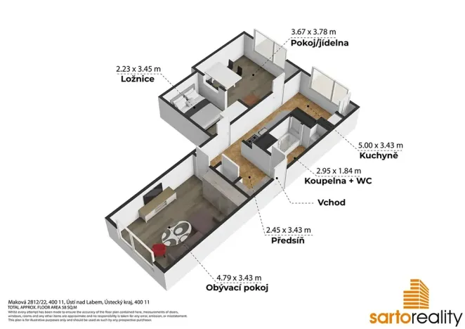 Prodej bytu 2+1, Ústí nad Labem, Maková, 60 m2