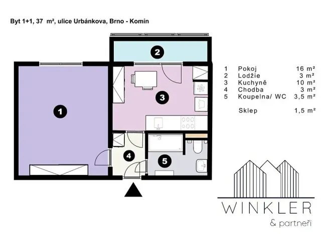 Pronájem bytu 1+1, Brno, Urbánkova, 34 m2