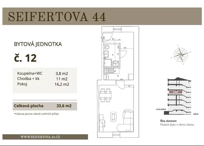 Prodej bytu 1+1, Praha - Žižkov, Seifertova, 33 m2
