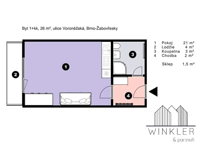 Pronájem bytu 1+kk, Brno, Voroněžská, 26 m2