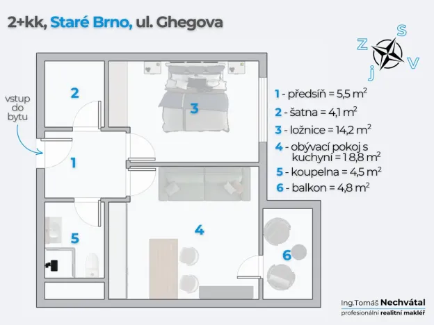 Pronájem bytu 2+kk, Brno - Staré Brno, Ghegova, 51 m2