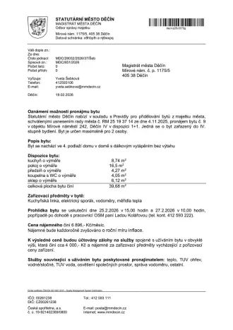 Pronájem bytu 1+1, Děčín, Mírové nám., 39 m2