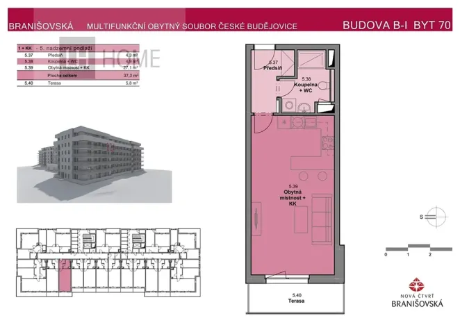 Prodej bytu 1+kk, České Budějovice, Branišovská, 37 m2