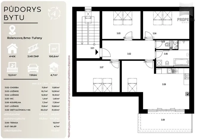 Prodej bytu 4+kk, Brno, Rolencova, 95 m2
