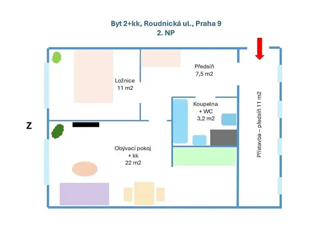 Pronájem bytu 2+kk, Praha - Střížkov, Roudnická, 56 m2