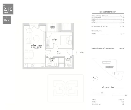 Pronájem bytu 2+kk, Praha - Kbely, Plzákova, 52 m2