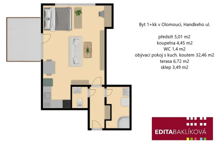 Prodej bytu 1+kk, Olomouc, Handkeho, 43 m2