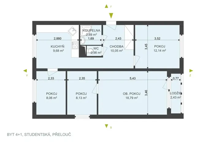 Prodej bytu 4+1, Přelouč, Studentská, 73 m2