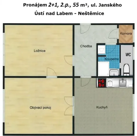 Pronájem bytu 2+1, Ústí nad Labem, Janského, 55 m2