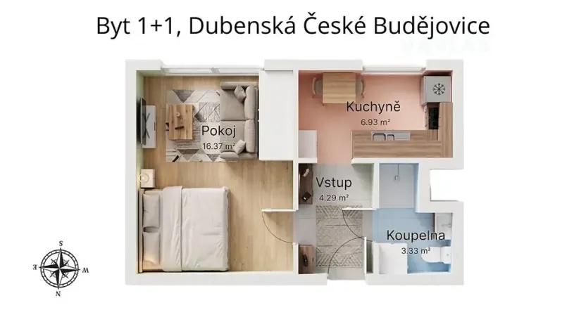 Pronájem bytu 1+1, České Budějovice, Dubenská, 33 m2