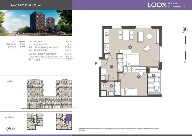 Pronájem bytu 2+kk, Praha - Prosek, Litoměřická, 55 m2