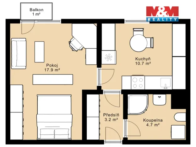 Prodej bytu 1+1, Dačice - Dačice IV, Nivy, 39 m2