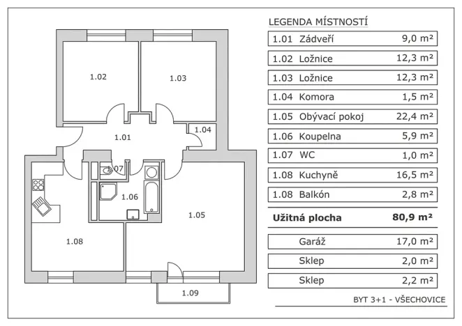 Prodej bytu 3+1, Všechovice, 81 m2