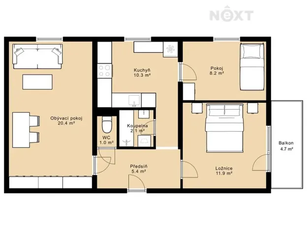 Prodej bytu 3+1, Chelčice, 64 m2