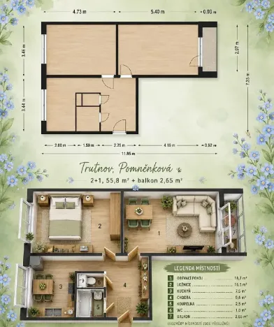 Prodej bytu 2+1, Trutnov, Pomněnková, 56 m2