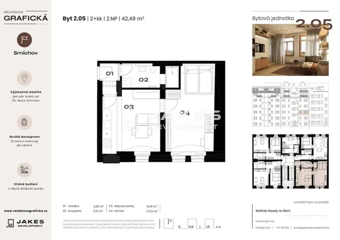 Pronájem bytu 2+kk, Praha - Smíchov, Grafická, 42 m2
