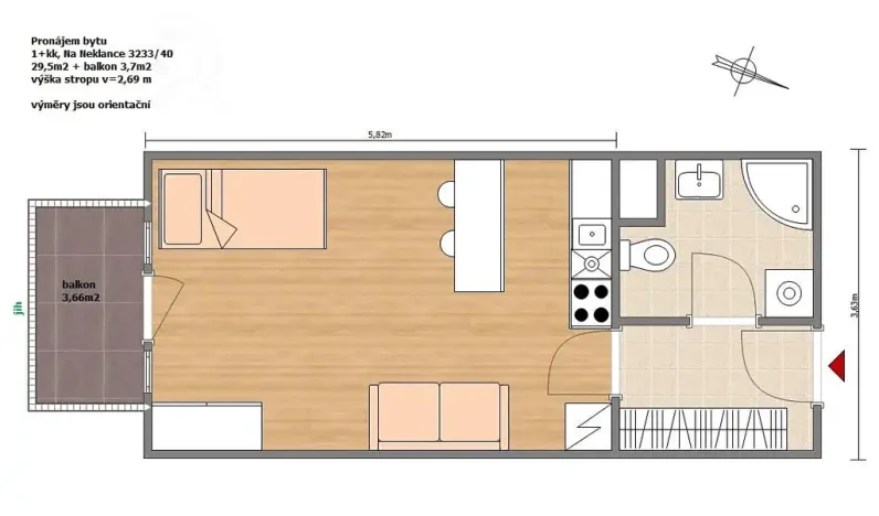 Pronájem bytu 1+kk, Praha - Smíchov, Na Neklance, 29 m2