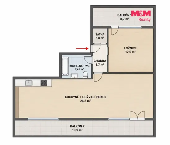 Pronájem bytu 2+kk, Pardubice - Trnová, Jozefa Gabčíka, 52 m2