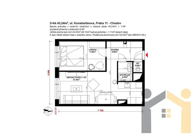 Prodej bytu 2+kk, Praha - Chodov, Konstantinova, 42 m2