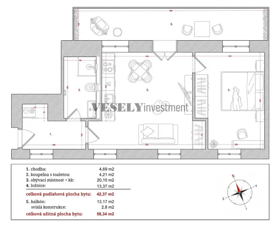 Prodej bytu 2+kk, Praha - Nusle, Boleslavova, 58 m2