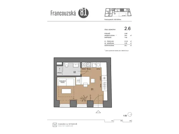 Pronájem bytu 1+kk, Brno, Francouzská, 25 m2