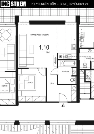 Pronájem bytu 2+kk, Brno, Fryčajova, 58 m2