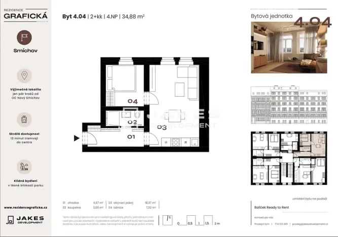 Prodej bytu 2+kk, Praha - Smíchov, Grafická, 35 m2