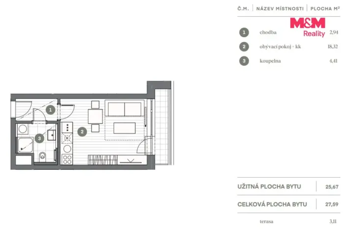 Prodej bytu 1+kk, Praha - Vysočany, Stejnosměrná, 28 m2