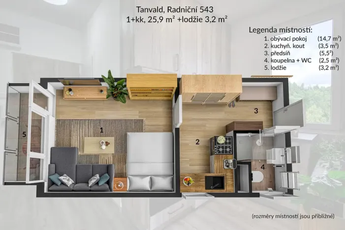 Pronájem bytu 1+kk, Tanvald, Radniční, 25 m2