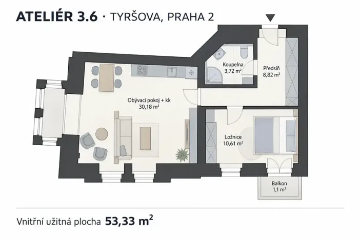 Prodej bytu 2+kk, Praha - Nové Město, Tyršova, 53 m2