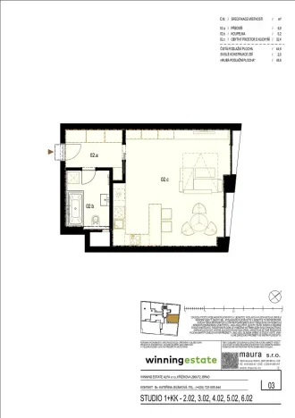 Prodej bytu 1+kk, Brno - Veveří, Slovákova, 46 m2