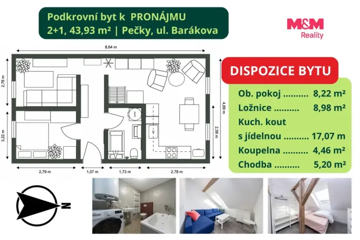 Pronájem bytu 2+1, Pečky, Barákova, 43 m2