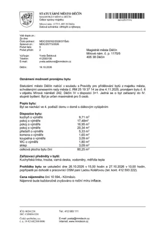 Pronájem bytu 3+1, Děčín, Mírové nám., 80 m2