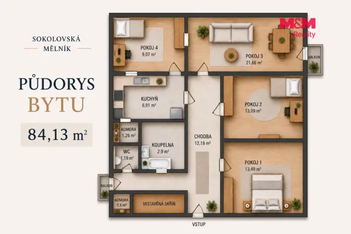 Prodej bytu 4+1, Mělník, Sokolovská, 84 m2